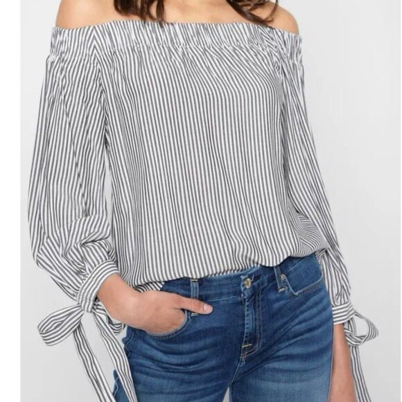 7 For All Mankind Women’s‎ Sz L , Gray Striped Off Shoulder Tie-Cuff Top Blouse - Picture 1 of 16